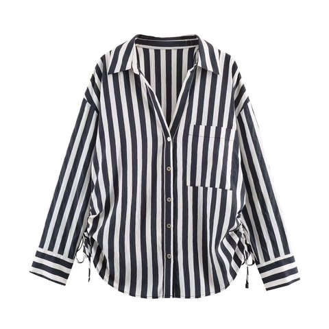 Blusa Casual de Manga Larga Con Rayas Verticales Blancas Y Negras Para Mujer Con Cordón Lateral Y Cuello De Solapa