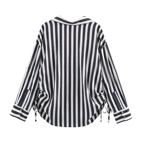 Blusa Casual de Manga Larga Con Rayas Verticales Blancas Y Negras Para Mujer Con Cordón Lateral Y Cuello De Solapa