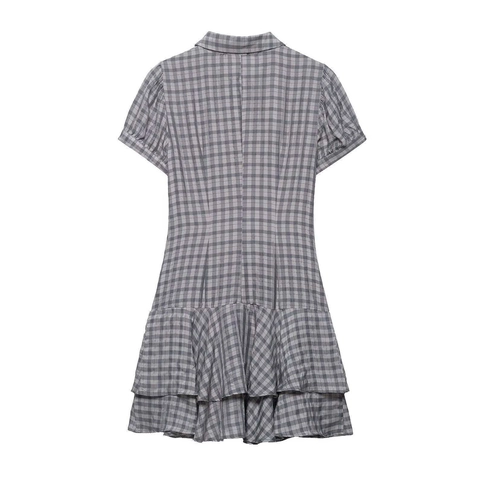 Abito da Donna Estivo a Quadri Gingham a Maniche Corte con Volant a Strati Mini Abito con Colletto Polo e Bottoni Casual