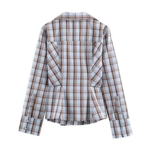 Dames Casual Geruit Popeline Overhemd Asymmetrische Overslag Lange Mouw Omslagkraag Ruime Pasvorm Lichte Blouse Top