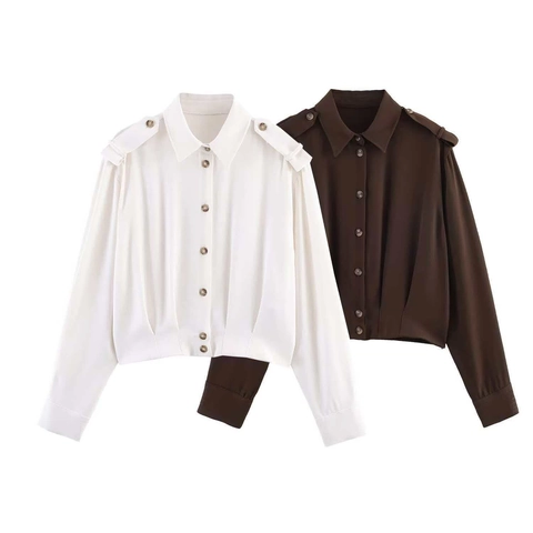 Damen Vintage Kurz Geschnitten Langarm Hemd Einfarbig Plissiert Schulterklappen Einreihig Bluse Polyester Lässig Mode Top