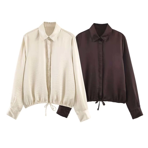 Dames Elegante Satijnen Blouse Casual Lange Mouw Revers Overhemd Met Verstelbaar Trekkoord Zoom Losse Pasvorm Top