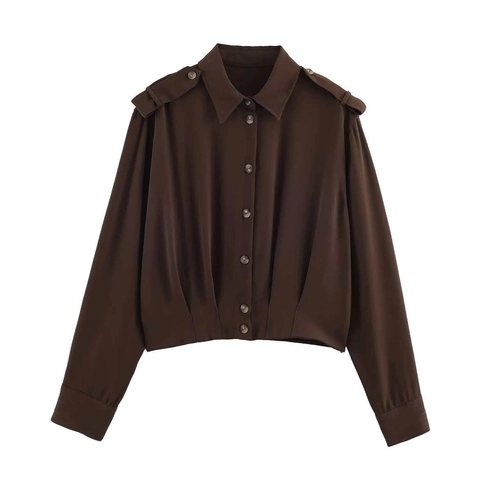 Damen Vintage Kurz Geschnitten Langarm Hemd Einfarbig Plissiert Schulterklappen Einreihig Bluse Polyester Lässig Mode Top