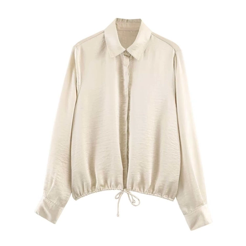 Dames Elegante Satijnen Blouse Casual Lange Mouw Revers Overhemd Met Verstelbaar Trekkoord Zoom Losse Pasvorm Top