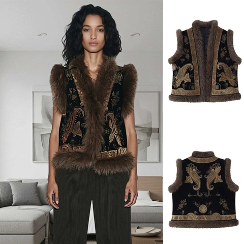 Damen Vintage Ethnische Stickerei Samt Weste Mit Kunstpelzbesatz Ärmellos Paisley Blumen Weste Retro Pendler Top