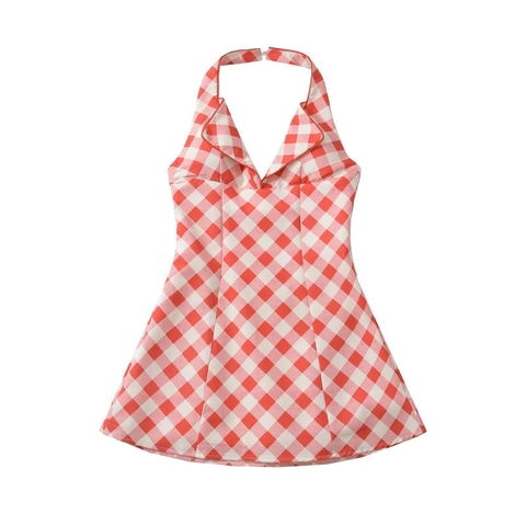 Vestito Estivo da Donna a Quadretti Rossi Scollo all'Americana Schiena Scoperta Linea A Scollo a V Profondo Senza Maniche