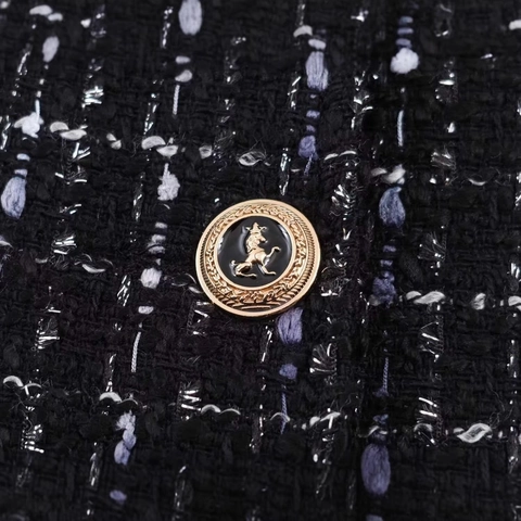 Women Vintage Tweed Jacket Round Neck Office Lady Outerwear With Gold Lion Buttons Metallic Thread Texture Elegant Blazer Coat