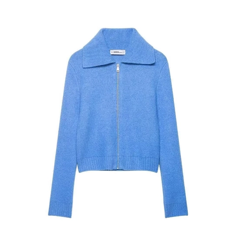 Cardigan en Maille Décontracté pour Femmes Bleu Clair Col Polo Zippé Pull à Manches Longues Couleur Unie Tricot Côtelé Automne