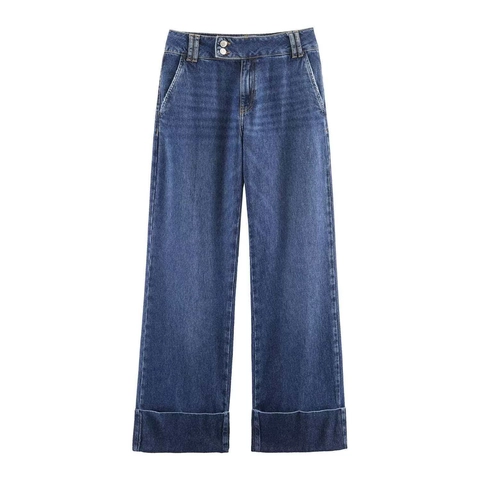 Women's Double Button Straight Wide Leg Jeans Cuffed Hem Washed Dark Blue Polyester Denim Pants Commuter Minimalist Style