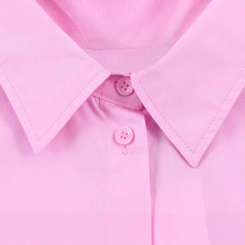 Chemise Femme Décontractée Oversize Manches Longues Boutonnée en Popeline Col Rabattu Coupe Ample Couleur Unie Rose Haut