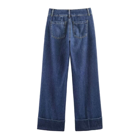 Women's Double Button Straight Wide Leg Jeans Cuffed Hem Washed Dark Blue Polyester Denim Pants Commuter Minimalist Style