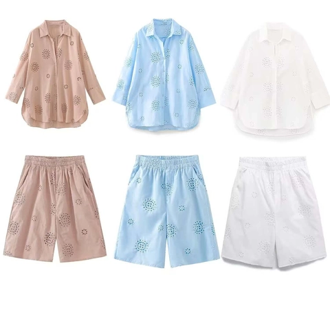 Damen Sommer Eyelet Stickerei Zweiteiler Set Casual Langarm Revers Hemd Und Elastische Taille Shorts Anzug