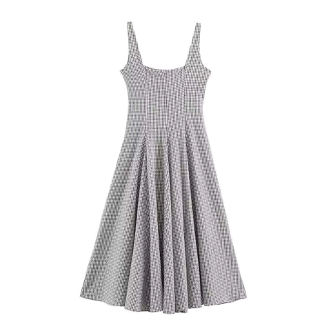 Damen Elegant Gingham Maxi Kleid Viereckiger Ausschnitt Ärmellos Karo Plissee A-Linie Langes Kleid Sommer Freizeitkleid