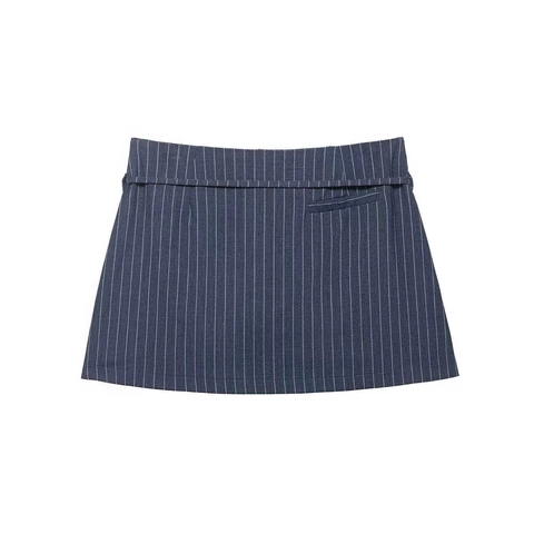 Marineblau Nadelstreifen Minirock Mit Gürtel Metallschnalle Elegant A-Linie Rock Für Damen Pendler Stil Mode Bekleidung