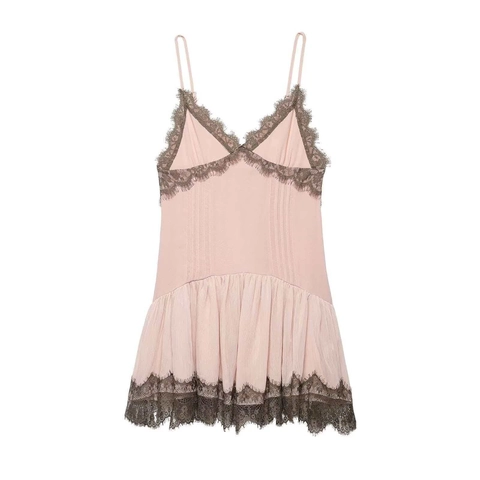 Vintage Dames V-hals Kantafwerking Cami Jurk Roze Sexy Mouwloos Geplooide Zoom Midi Jurk Nachthemd Huisfeest Kleding