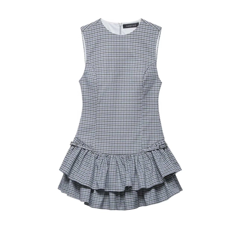 Damen Elegant Ärmellos Kariert Minikleid Gestuft Rüschen Lagen Saum Rundhals Slim Fit Casual Karo Sommerkleid