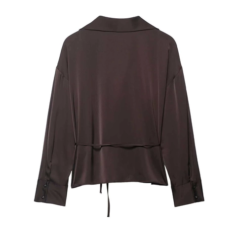 Blusa Elegante de Poliéster para Mujer con Efecto Satén Cuello en V Manga Larga Color Sólido Marrón Café Top de Oficina con Cinturón