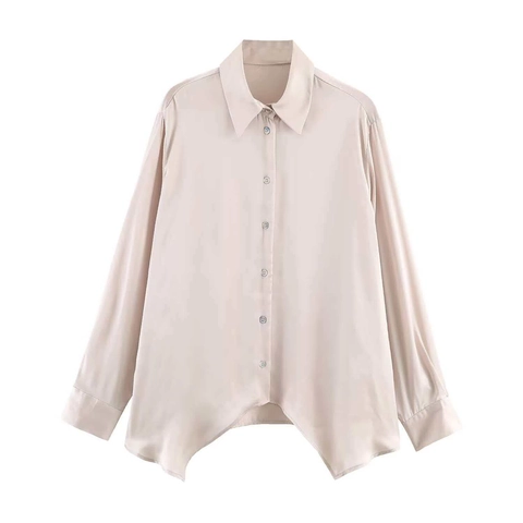 Women Satin Asymmetric Hem Shirt Elegant Long Sleeve Casual Button Up Blouse Champagne Solid Color Office Lady Tops