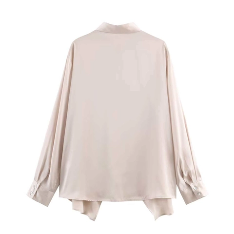 Women Satin Asymmetric Hem Shirt Elegant Long Sleeve Casual Button Up Blouse Champagne Solid Color Office Lady Tops