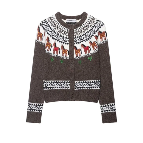 Women Vintage Western Horse Jacquard Knit Cardigan Loose Round Neck Long Sleeve Button Up Sweater Outerwear Brown