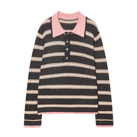 Pull Polo en Tricot Rayé Décontracté pour Femmes Col Rose Contrasté Manches Longues Pullover Ample Top Pull Rayé Doux