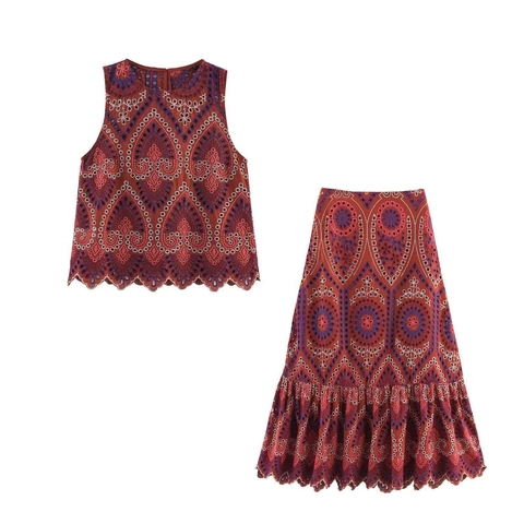 Bohemian Etnisch Borduurd Oogjes Top En Midi Rok Set Paisley Schulpte Mouwloos Blouse A-lijn Rok Co-ord Voor Dames