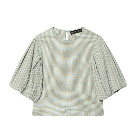 Haut Décontracté à Carreaux pour Femmes Col Rond Manches Bouffantes Été Blouse en Polyester Élégante Chemise Quotidienne