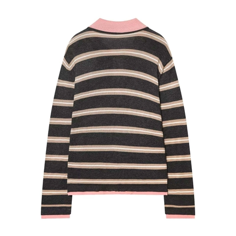 Pull Polo en Tricot Rayé Décontracté pour Femmes Col Rose Contrasté Manches Longues Pullover Ample Top Pull Rayé Doux