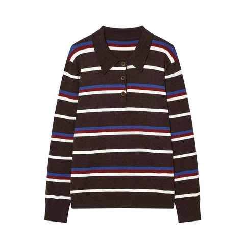 Vintage Contrast Stripe Polo Neck Knit Sweater For Women Casual Long Sleeve Button Pullover Knitwear Tops