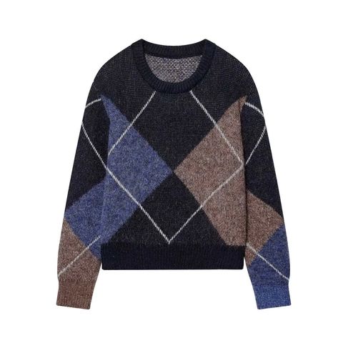 Pull en Tricot Argyle Vintage pour Femmes Col Rond Manches Longues À Enfiler Coupe Décontractée Style Britannique Automne Hiver