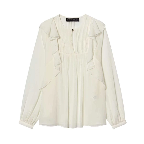 Blusa Elegante Blanca de Manga Larga para Mujer Cuello Redondo con Volantes Camisa de Gasa Plisada Top Holgado Casual