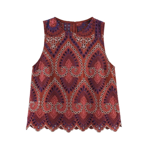 Bohemian Etnisch Borduurd Oogjes Top En Midi Rok Set Paisley Schulpte Mouwloos Blouse A-lijn Rok Co-ord Voor Dames