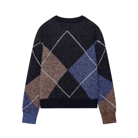 Pull en Tricot Argyle Vintage pour Femmes Col Rond Manches Longues À Enfiler Coupe Décontractée Style Britannique Automne Hiver
