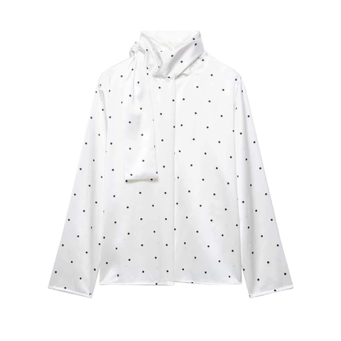 Elegante Damen Satin Polka Dot Bluse Schluppenkragen Langarm Büro Pendler Hemd Top Vintage Französischen Stil Top