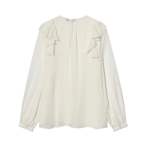 Blusa Elegante Blanca de Manga Larga para Mujer Cuello Redondo con Volantes Camisa de Gasa Plisada Top Holgado Casual