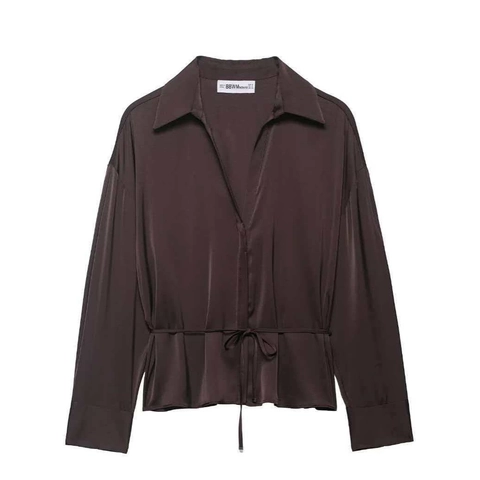 Blusa Elegante de Poliéster para Mujer con Efecto Satén Cuello en V Manga Larga Color Sólido Marrón Café Top de Oficina con Cinturón