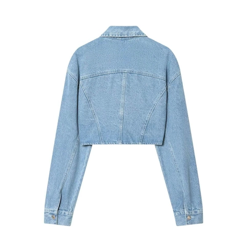 Damen Casual Hellblau Gewaschen Denim Kurzjacke Langarm Revers Metallknopf Distressed Kurzer Jeansmantel Für Streetwear