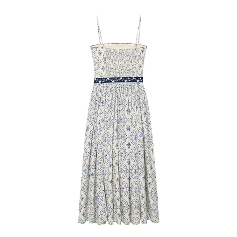 Damen Elegant Blau Weiß Porzellan Blumenmuster Cami Maxikleid Ärmellos Mit Gürtel Gesmokt Viskose Sommer Täglich Urlaub Langes Kleid