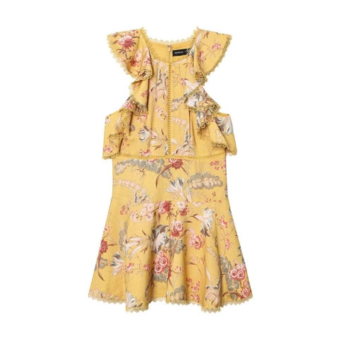 Damen Gelbes Blumen Minikleid Ärmellos Rüschen Spitze Hohe Taille Patchwork Elegant Sommer Urlaub Party Kurzes Kleid