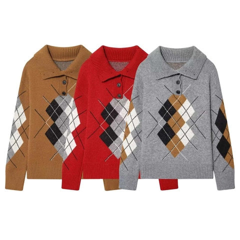 Suéter de Punto con Patrón Argyle Retro para Mujer Manga Larga Cuello Polo Pullover Suelto Estilo Británico Vintage