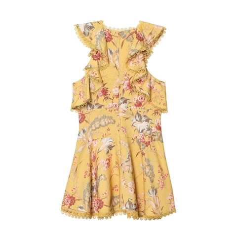 Damen Gelbes Blumen Minikleid Ärmellos Rüschen Spitze Hohe Taille Patchwork Elegant Sommer Urlaub Party Kurzes Kleid