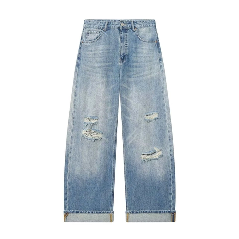 Women Vintage Light Blue Ripped Wide Leg Jeans Cuffed Hem Loose Straight Denim Pants Casual Mid Waist Streetwear Trouser