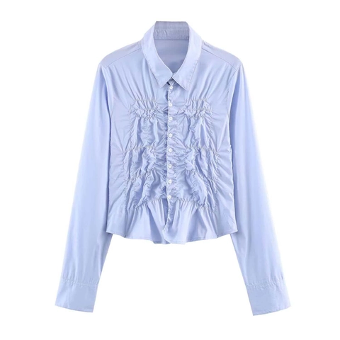 Elegantes Hellblaues Langarm Popeline Hemd Gerafft Für Damen Schmale Passform Knopfleiste Reverskragen Büro Bluse Tops
