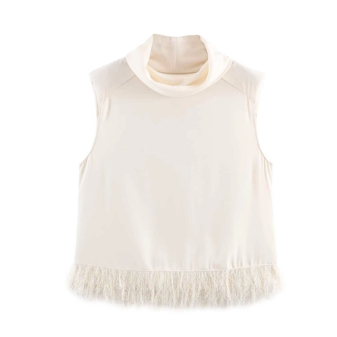 Women's Elegant Mock Neck Sleeveless Tank Top With Fringe Hem Solid Color Cream Slim Fit Commute Summer Fashion Top