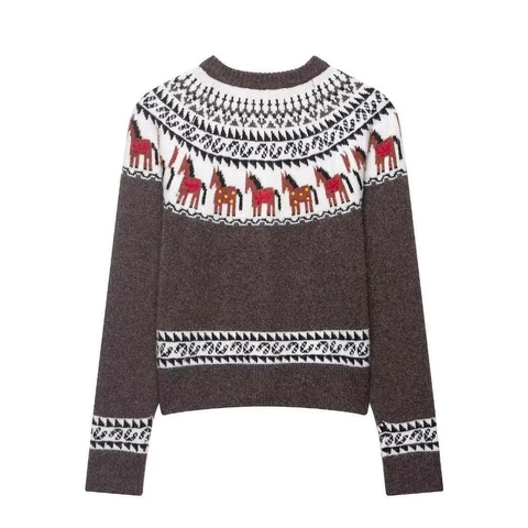 Women Vintage Western Horse Jacquard Knit Cardigan Loose Round Neck Long Sleeve Button Up Sweater Outerwear Brown