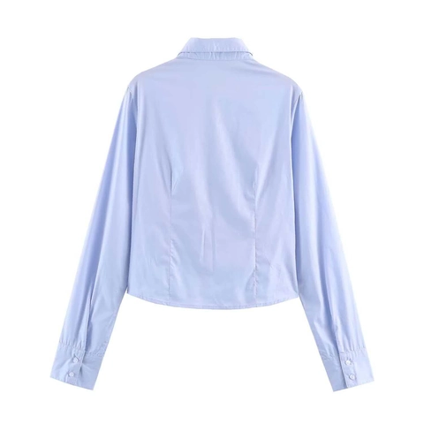 Elegantes Hellblaues Langarm Popeline Hemd Gerafft Für Damen Schmale Passform Knopfleiste Reverskragen Büro Bluse Tops
