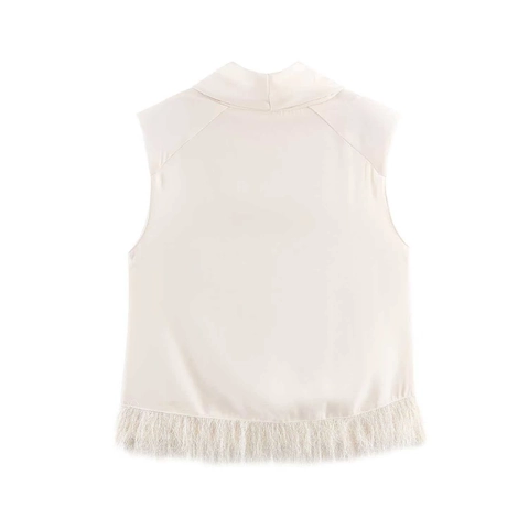 Women's Elegant Mock Neck Sleeveless Tank Top With Fringe Hem Solid Color Cream Slim Fit Commute Summer Fashion Top