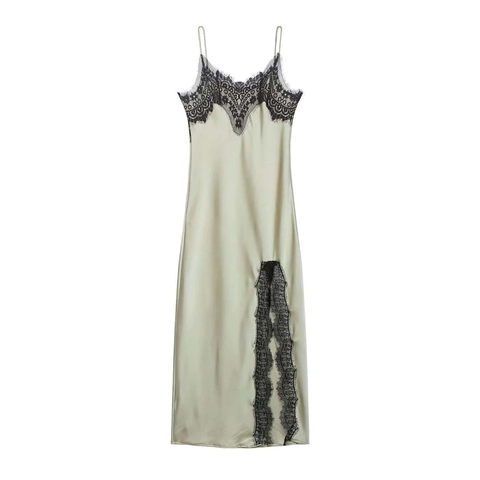 Robe Midi Sexy en Satin pour Femmes Patchwork de Dentelle Fines Bretelles Élégante Vert Sauge Fente Latérale Robe de Soirée