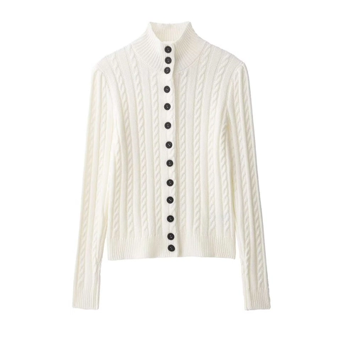 Cárdigan de Punto de Ocho para Mujer Cuello Medio Alto Manga Larga Suéter de Botones Holgado Color Sólido Top Elegante