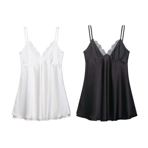Damen Sexy Satin Spitze V-Ausschnitt Trägerkleid Minimalistisch Einfarbig Spaghetti-Träger Rückenloses Nachthemd Slipkleid
